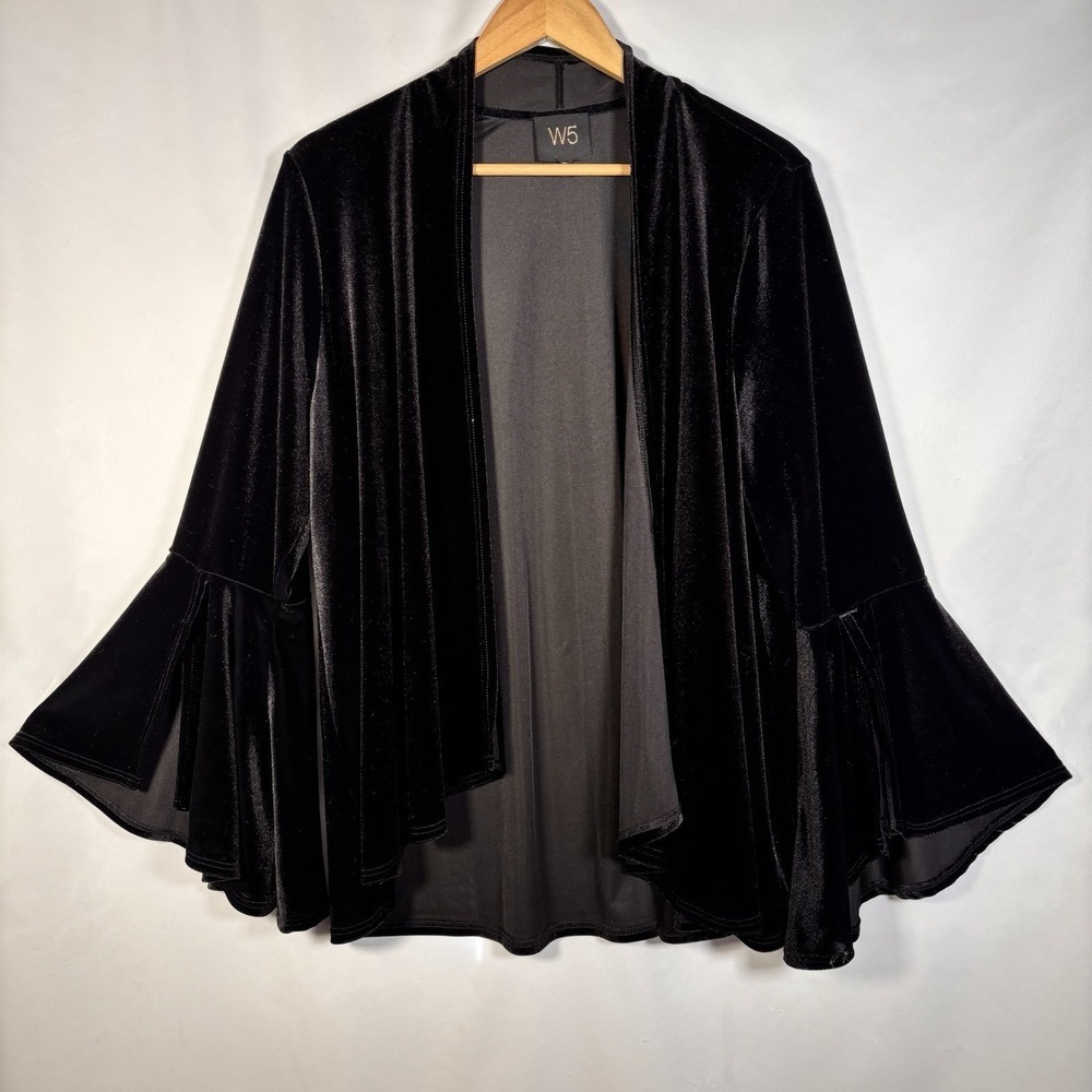 Vintage W5 Black Velvet Cardigan Womens XL Witchy Goth Bell Flare Sleeve USA
